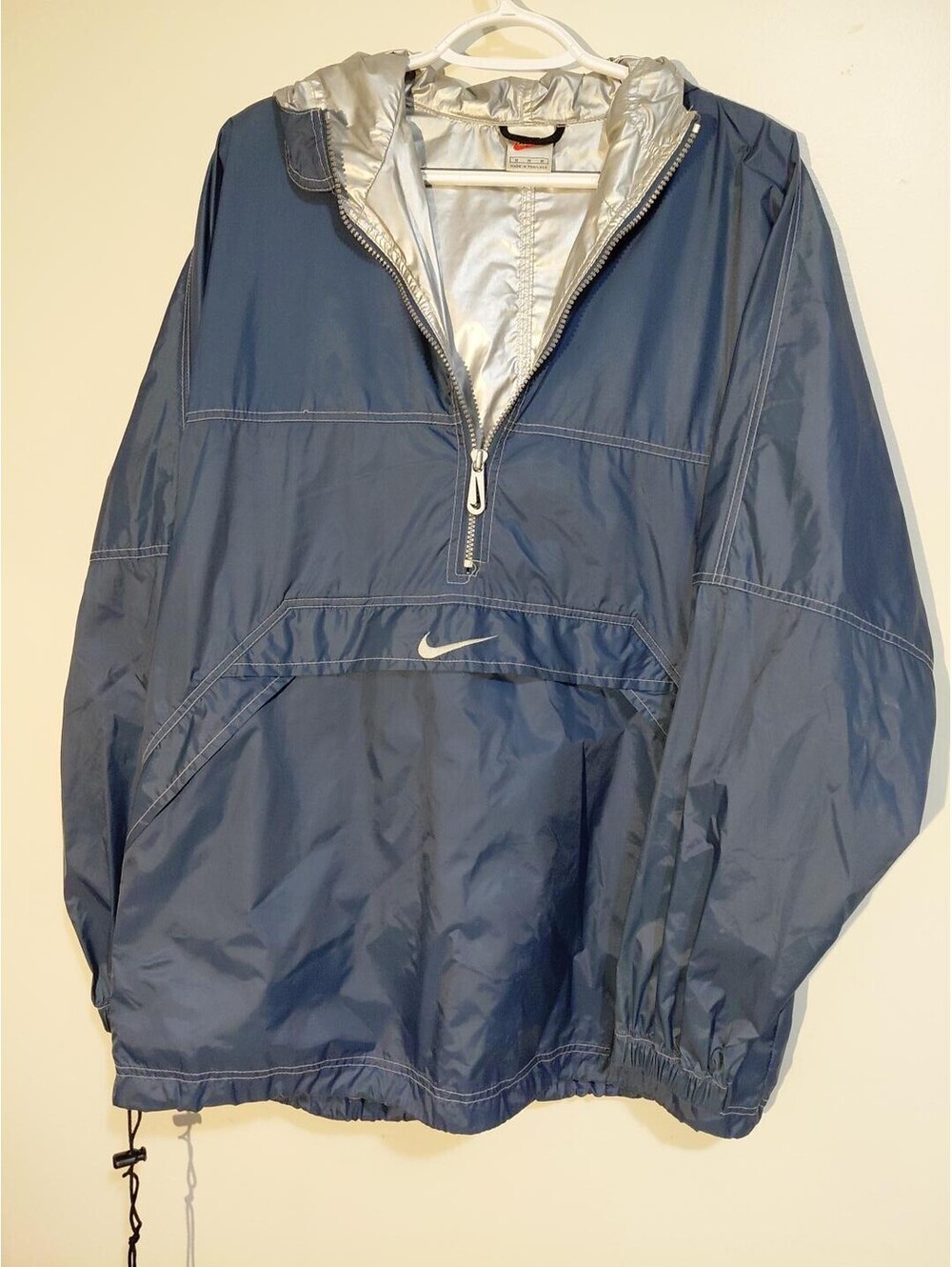 Vintage Nike Men's Medium Blue and Silver Windbreaker Jacket with Hood
